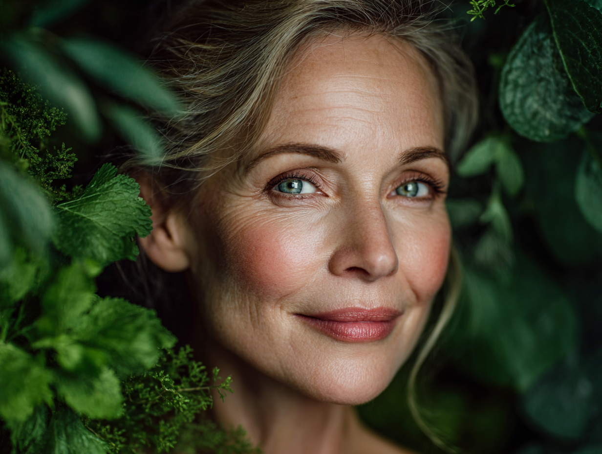 Щаслива зріла жінка з здоровою шкірою та овочами