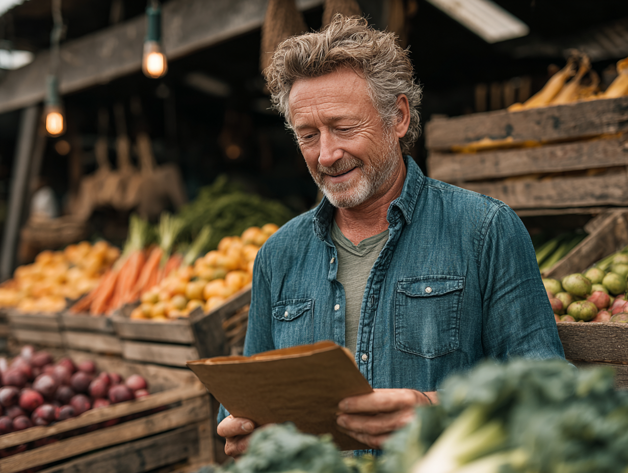 Чоловік середнього віку з здоровими продуктами харчування
